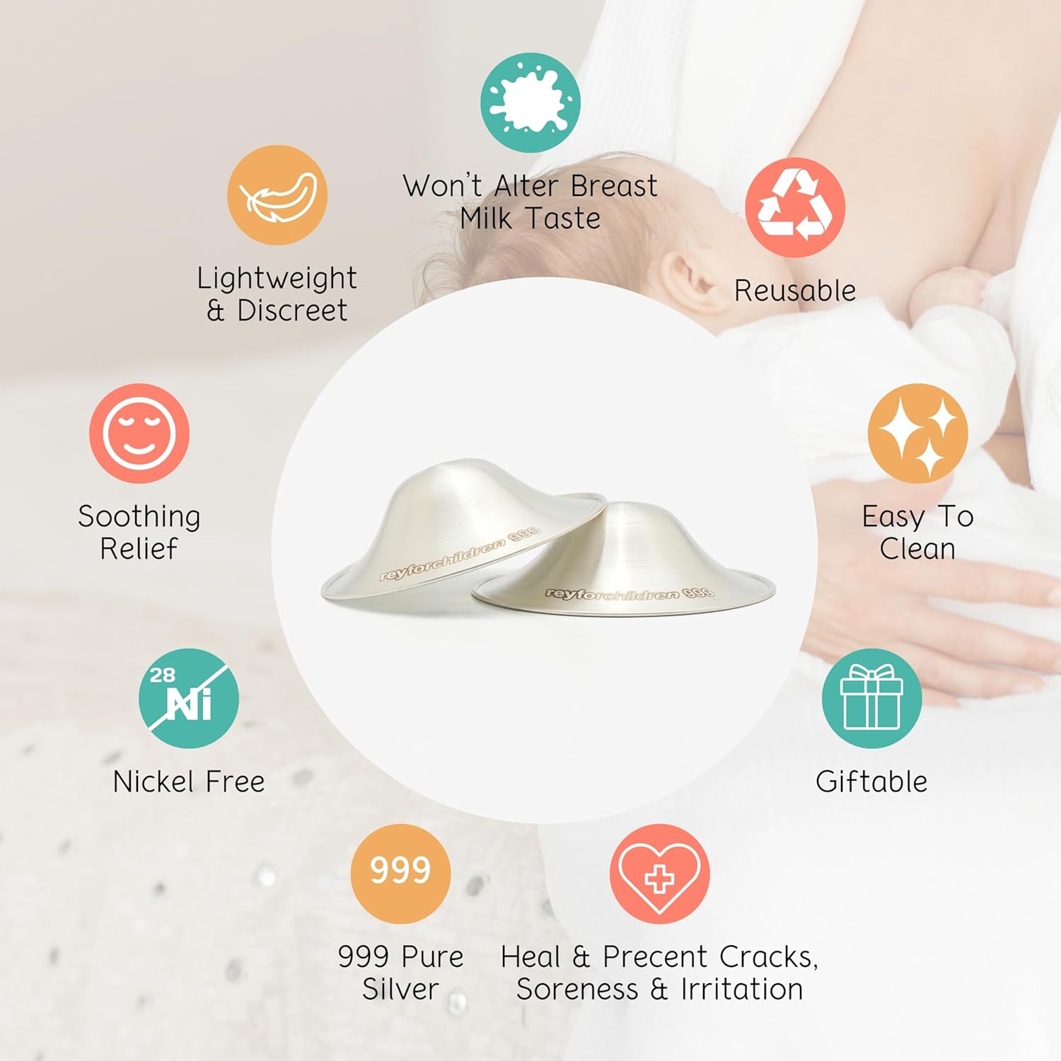 RFC Silver Nursing Cups - 999 Silver Nursing Pad - Nipple Shield Kit for Nursing Newborn - Breastfeeding Essentials - Nipple Cover Breastfeeding - with Silicone Ring & Cleaning Scotch & Case (XL)