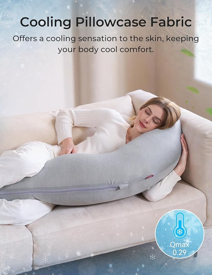 Momcozy J-Shaped Pregnancy Pillow for Sleeping with Cooling Cover – Maternity Body Pillow for Pregnant Women, Side Sleeper Support for Belly, Hip & Leg, Deep Grey