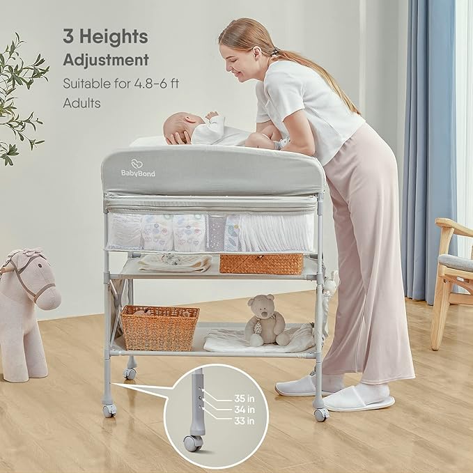 BabyBond Portable Baby Changing Table, Foldable Diaper Changing Table Dresser Waterproof Height Adjustable Changing Station for Infant and Newborn(Beige)