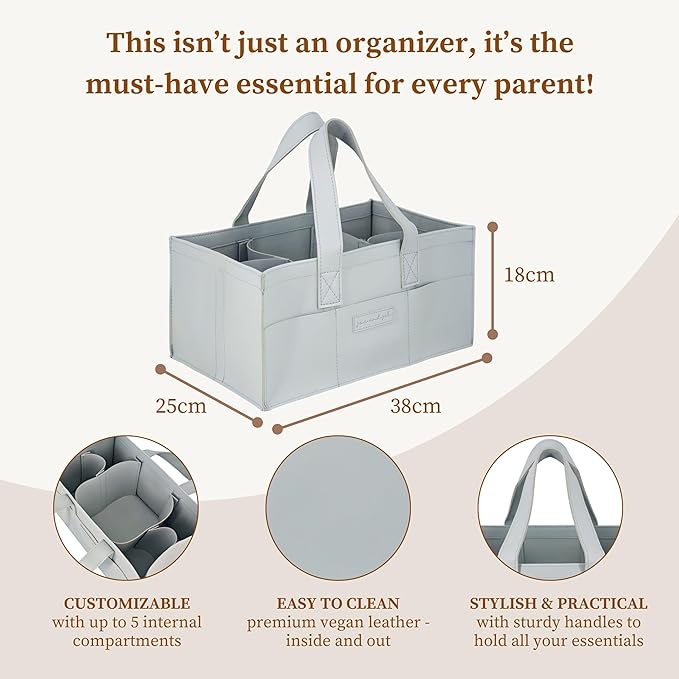 Premium Vegan Leather Baby Diaper Caddy Organizer – Portable Storage Basket for Newborn Essentials, Changing Table, Nursery, Car & Travel, Gifts for Baby Shower (Pastel Seafoam)