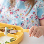 Bumkins Toddler Utensils, Kids Size Fork and Spoon Set, Silicone and Stainless-Steel Training Silverware, Angled Fork / Spork for Self-Feeding, Children Learning to Eat, 18 Mos Up, Pineapple Yellow