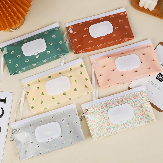 FEBSNOW 6 Pack Baby Wipes Dispenser, Portable Refillable Wipe Holder, Baby Wipes Container, Reusable Wipes Case, Baby Travel Wet Wipes Pouch (Morandi Color)