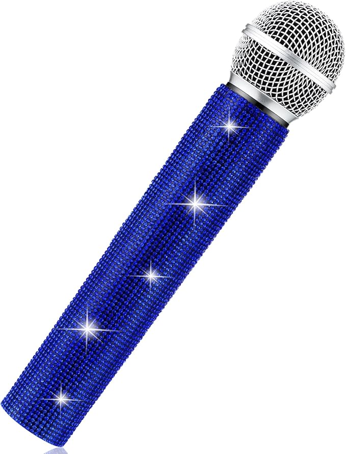 Sanwuta Fake Microphone Prop Sparkly Bling Rhinestones Plastic Play Microphone Pretend Glitter Bedazzled Mic for Cosplay Party Costume(Royal Blue)