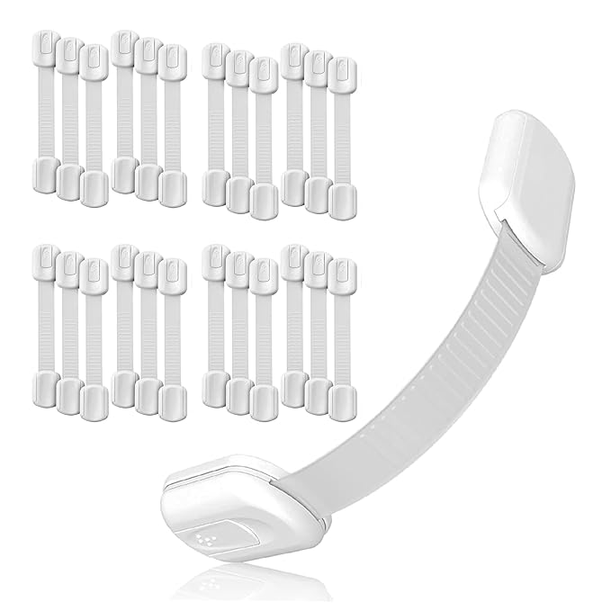 3M Adhesive Child Safety Strap Locks by Baby Proof Me, Baby Latches for Cabinets, Dishwashers, Fridges, Ovens and Trash Cans, Stain Free Toilet Lock (White, 24 Safety Latches)