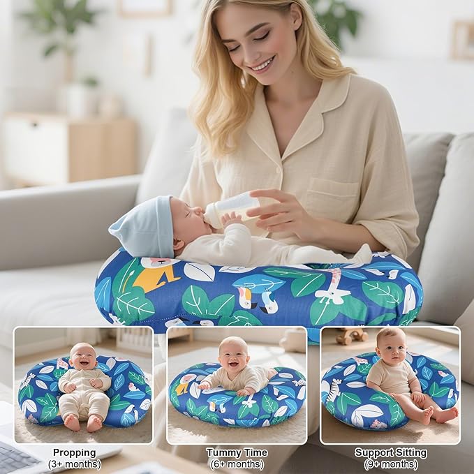 Nursing Pillow, Breastfeeding Pillow with Removable Cotton Cover, Baby Feeding Pillow for Mom Easier Breast Feeding and Bottle Feeding, Breastfeeding Support Cushion for Newborn (Jungle)