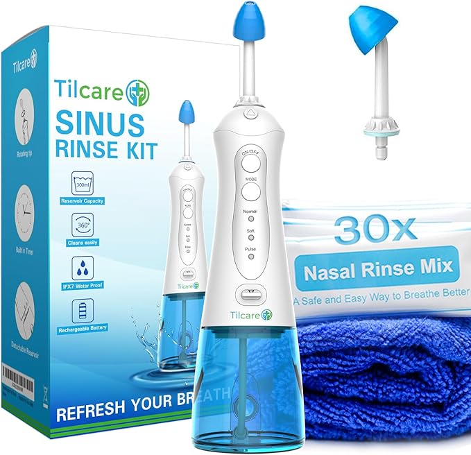 Nasal Irrigation System by Tilcare - Perfect Nasal Rinse Machine for Sinus & Allergy Relief - Electric Neti Pot for Nasal Irrigation to Cleanse Your Stuffy Nose - Comes with a Towel and 30 Salt Packs