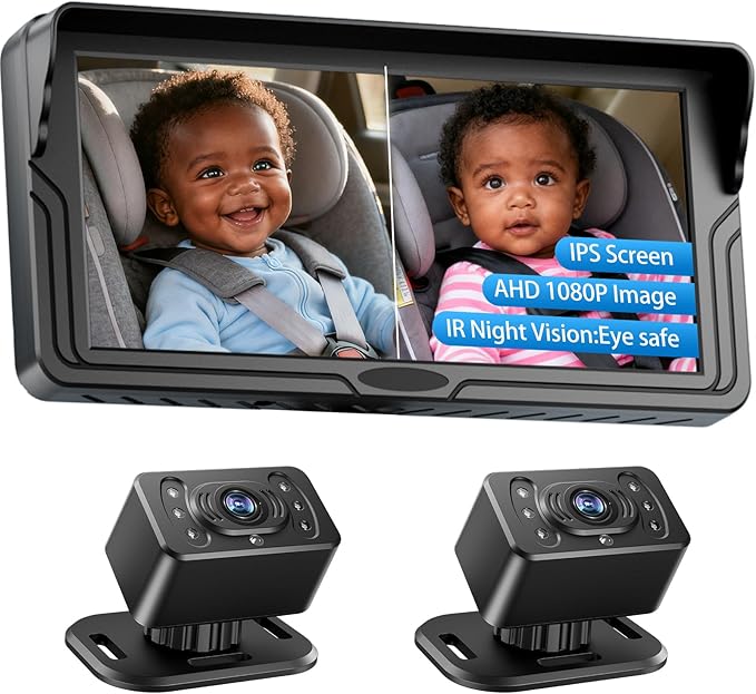 Dual Baby Car Camera for 2 Kids - 6.86 Inch IPS AHD 1080P Split Screen Monitor with 2 Backseat Cameras, Cigarette Lighter & USB Powered, IR Night Vision, 360° Rotatable, Rear-Facing Mirror