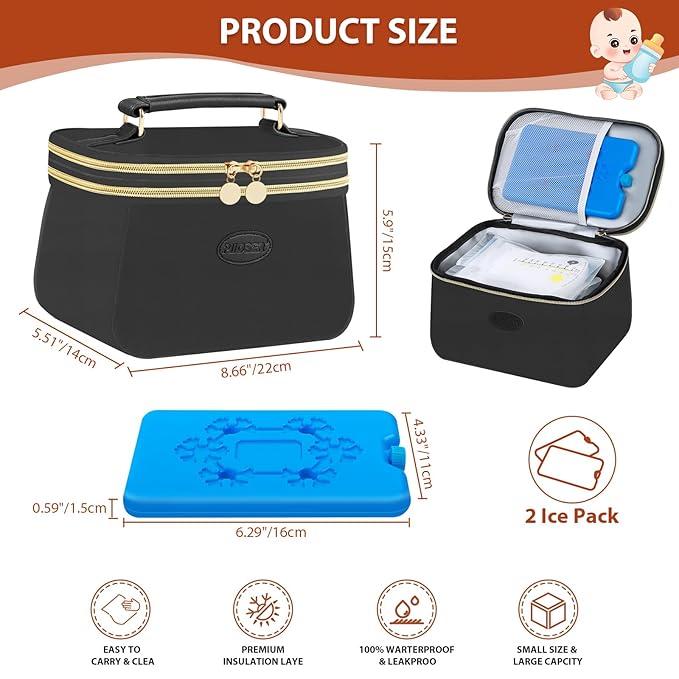 PIIOSER Breast Milk Cooler Bag with 2 Ice Pack, Fit 6 Freezer Breastmilk Storage Bags Up to 8Oz, Insulated Baby Bottles Tote Bag for Daycare and Breastfeeding Mom, Black