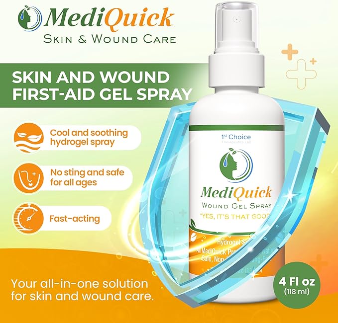 MediQuick Skin & Wound Repair First Aid Spray Gel 4 Fl Oz - Antiseptic Spray for Burns & Cuts with 12 Hour Action - Helps Heal Acne Rash Eczema Itch Bites & More - Safe Wound Wash with No Sting