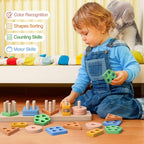 PEBIRA Montessori Toys for 1 2 Year Old, Wooden Sorting and Stacking Toys for Toddlers, Baby Shape Sorter and Color Stacker Blocks for Toddler, Preschool Learning Toy, Gift for 12-18 Month Boys Girls