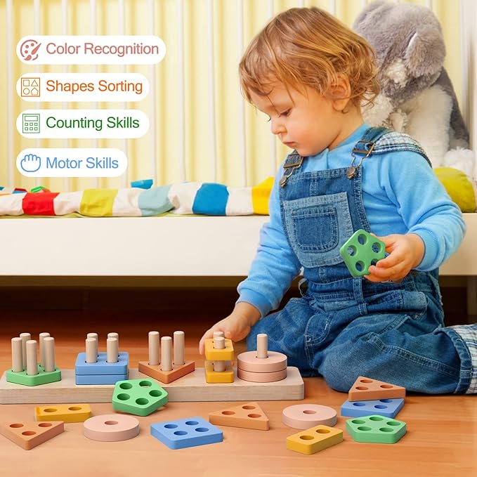 PEBIRA Montessori Toys for 1 2 Year Old, Wooden Sorting and Stacking Toys for Toddlers, Baby Shape Sorter and Color Stacker Blocks for Toddler, Preschool Learning Toy, Gift for 12-18 Month Boys Girls