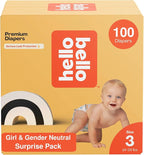 Hello Bello Premium Diapers, Size 3 (14-24 lbs) Surprise Pack for Girls - 100 Count, Hypoallergenic with Soft, Cloth-Like Feel - Assorted Girl & Gender Neutral Patterns