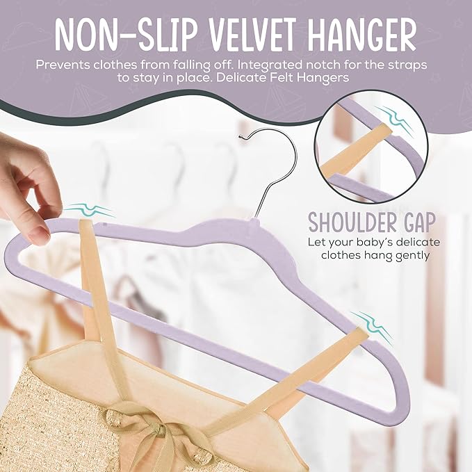 50 Premium Kids Velvet Hangers - 14'' Non-Slip, Ultra-Slim & Space-Saving Hangers - 360° Swivel Hook, Strong & Durable for Children & Preteens - Purple