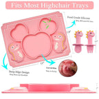 3Pcs Toddler Silicone Dinosaur Placemat Spoon and Fork Set,Divided Plate Dish for Baby Kids Infant Self Feeding Training，Non-Suction BPA Free Microwave Dishwasher Safe-Pink Dinosaur
