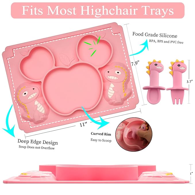 3Pcs Toddler Silicone Dinosaur Placemat Spoon and Fork Set,Divided Plate Dish for Baby Kids Infant Self Feeding Training，Non-Suction BPA Free Microwave Dishwasher Safe-Pink Dinosaur