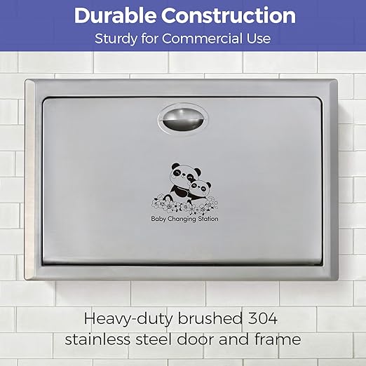 Panda Care Stainless Steel Recessed Mounted Baby Changing Station, Heavy Duty Foldable Diaper Changing Table with Liner Dispenser and Adjustable Safety Belt for Commercial and Business