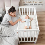 Baby Bassinets Bedside Sleeper - Portable Pine Wood Bedside Bassinet,6 Heights Small Mini Crib with Mattress,Space-Saving Design Baby Crib for Newborns 0-12 Months,White