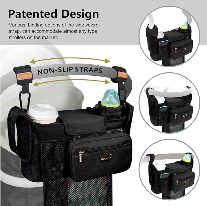 TOPDesign Universal Baby Stroller Organizer, Stroller Caddy with Detachable Mesh Bag & Heightened Insulated Cup Holders & Non-Slip Secure Hooks Accessories, Fits Most Strollers (Checkerboard)