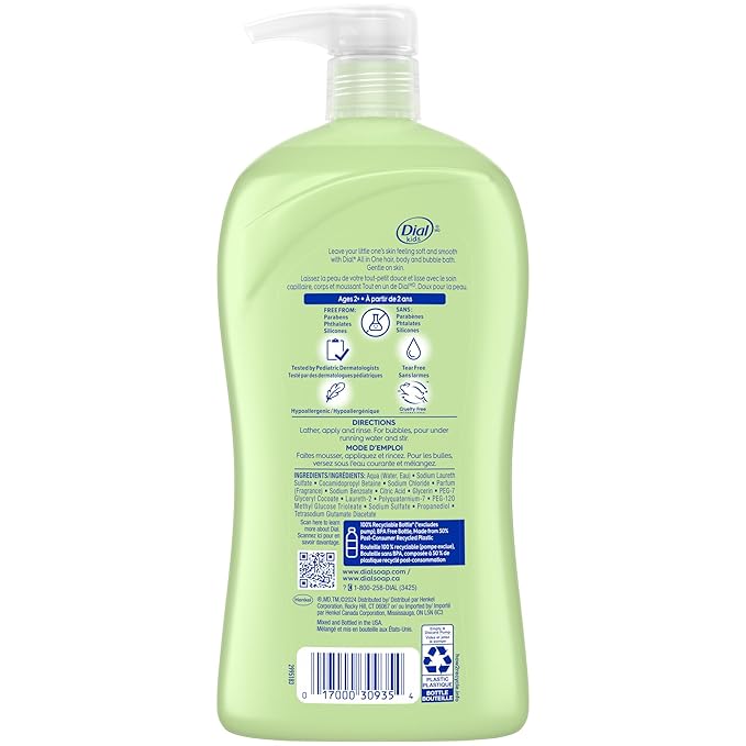 Dial Kids All-in-1 Body Wash + Hair + Bubble Bath, Melon Scent, 32 Fl Oz, Hypoallergenic Body Wash & Shampoo, No Tears Formula for Kids 2+ Years, No Parabens & Silicones