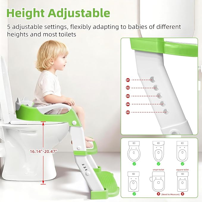Potty Training Seat, Upgrade Toddler Toilet Seat for Kids Boys Girls, 3 in 1 Potty Training Toilet with Step Stool Ladder-Non Slip Foldable (Green+White)