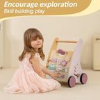 Pink Wooden Push Pull Sit to Stand Walker - Adjustable Learning Activity Center - Baby Learning to Walk - Educational Gift for Toddler Boy or Girl