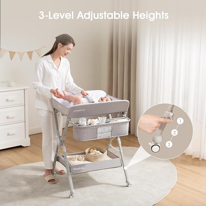 Maydolly Changing Table，Portable Diaper Changing Station, Foldable Baby Changing Table,Compact Nursery Diaper Changing Table for Baby，Adjustable Height，Mobile on Wheels, Grey