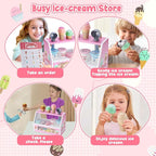 WHOHOLL Wooden Ice Cream Counter Playset for Toddler Girl Toys, Play Store Pretend Toy Food Play Kitchen Accessories with Fake Money & Coin, Gifts for 3+ Year-Old Kids (Pink)