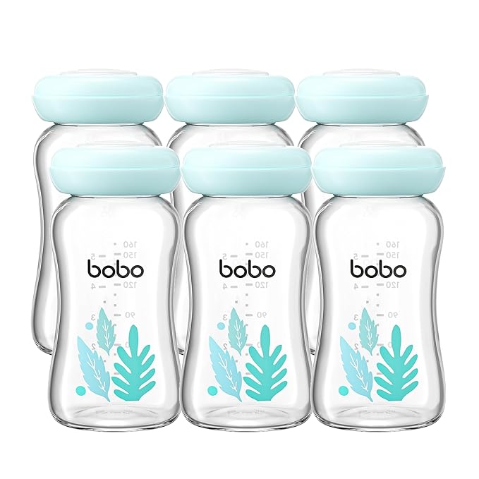YOHKOH Glass Breast Milk Storage Bottles - 100% Leak-Proof, BPA-Free Breastmilk Storage Containers, Freezer & Dishwasher Safe, Ideal for Nursing Mothers (Blue, 5.4oz (Pack of 6))