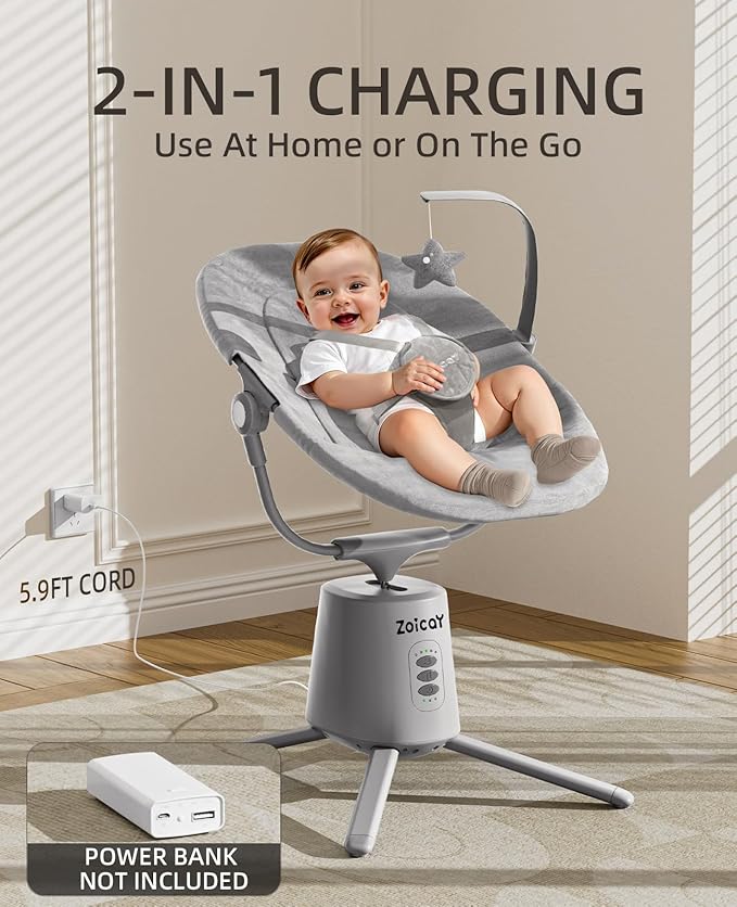 Zoicay Lightweight Baby Swing for Infant with 3 Modes & 5 Speeds, BT Enabled App & Remote Control Electric Swing – 6 Lullabies and 3 Timer Settings, 2 Seat Positions and 5-Point Harness Compact Swing