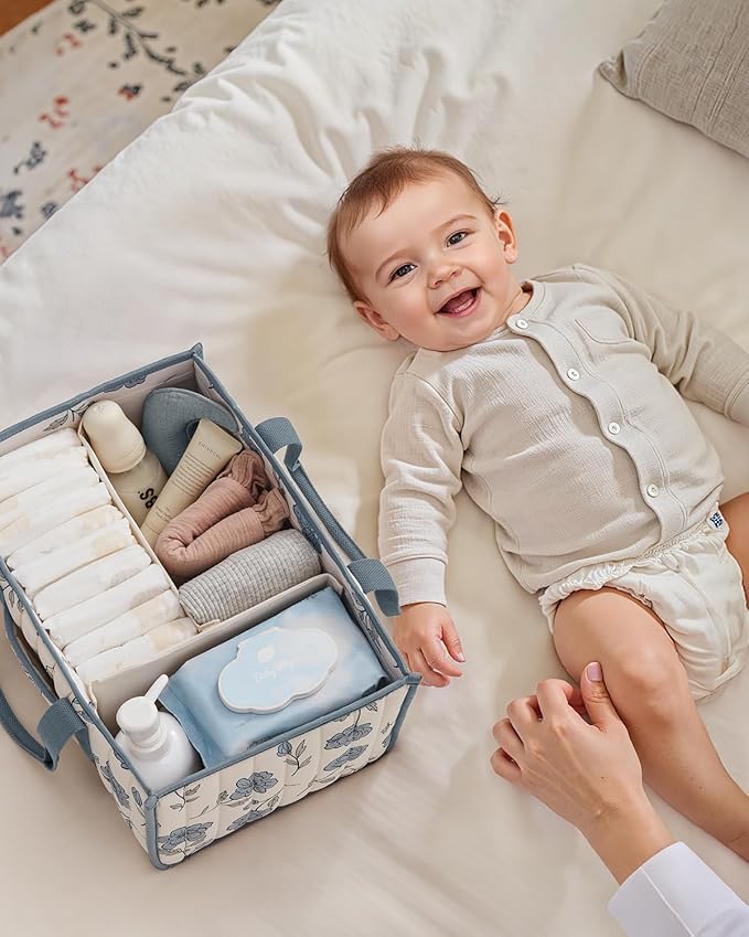 Blissful Diary Floral Diaper Caddy Organizer, Stylish Nursery Storage Basket, Gift for Baby Shower, Newborn Essentials, Peony Blue