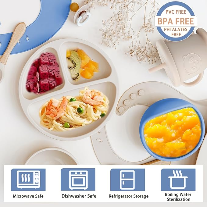 Silicone Baby Feeding Set | Baby Led Weaning Supplies Includes Suction Bowls and Divided Plates, Adjustable Bib, Baby Utensils Spoons and Forks,Cup | Baby Feeding Essentials (Deep Blue)