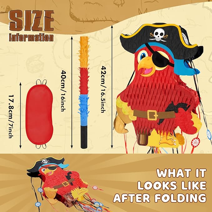 WERNNSAI Foldable Pirate Pinata - Extendable Pirate Parrot Pinata with Blindfold Bat and Tassels for Boys Pirate Birthday Party Supplies Caribbean Piñata Adventure Party Decorations 16.4” x 12.4”
