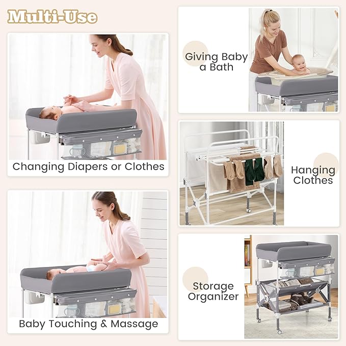 BABY JOY Portable Baby Changing Table, Foldable Waterproof Diaper Changing Station w/Wheels, Adjustable Height, Storage Basket, Shelves & Trash Bin, Mobile Nursery Organizer for Newborn Infant, Gray