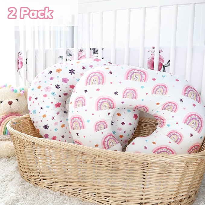 Nursing Pillow Cover 2 Pack Soft & Adorable Slipcovers for Breastfeeding Pillows, Comfortable Stretchy Feeding Pillow Covers for Baby Girls Boys Newborn, Removable Pillow Case (Rainbow)