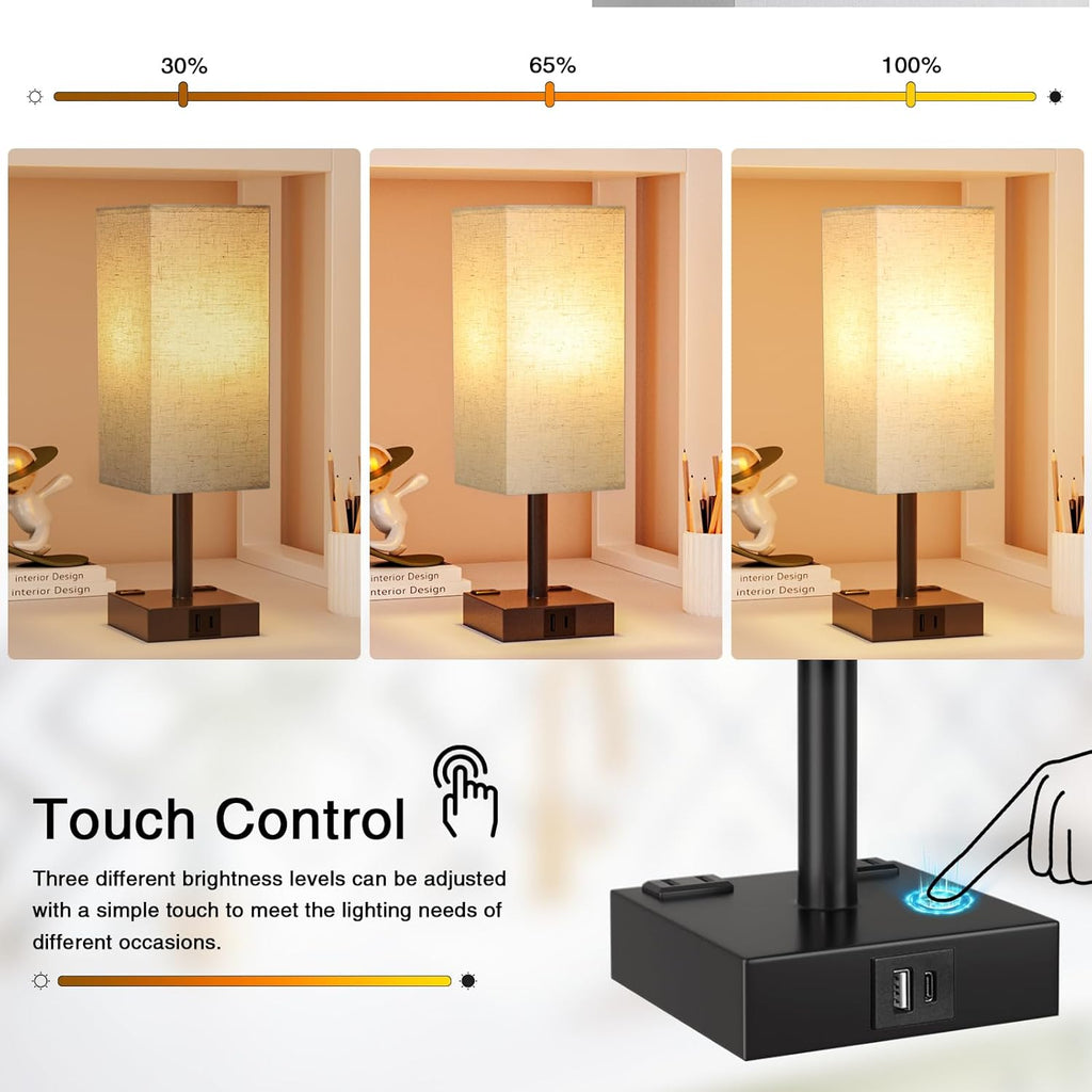 Touch Bedside Table Lamp for Nightstand - 3-Way Dimmable Night Lamp with USB A + Type C Charging Ports and Two AC Outlets, Small Desk Light with E26 LED Bulb for Bedroom Living Room Dorm, Beige