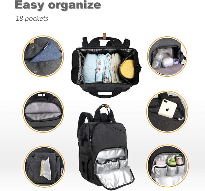 Hap Tim Diaper Bag Backpack,Large Capacity Travel Back Pack Maternity Baby Nappy Changing Bags, Double Compartments with Stroller Straps,Waterproof,Black (US7340-DG)