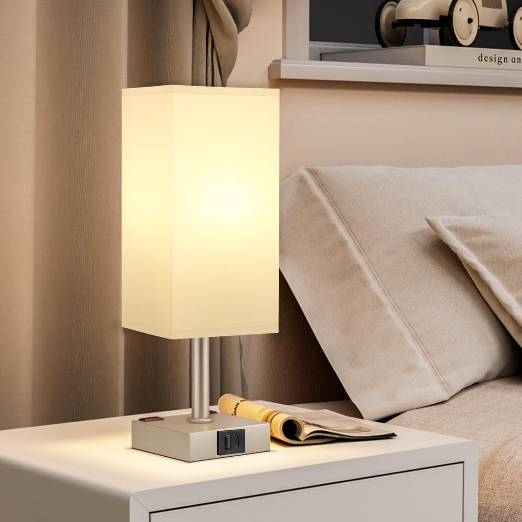 Antique White Touch Table Lamp - Mochaca Gold Bedside Lamp with USB A + Type C Charging Ports and Two AC Outlets, Small Night Stand with E26 LED Bulb, Desk Light for Bedroom Living Room Office Dorm