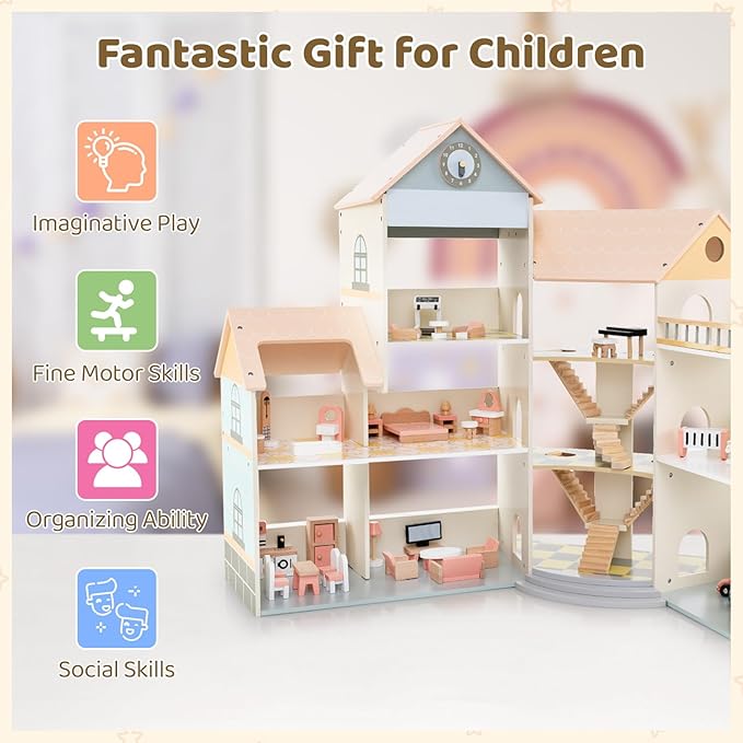 Costzon Wooden Dollhouse for Kids, 3-Story Luxury Doll House with 41 Pieces Furniture Accessories, 8 Rooms, Stairs & Balcony, DIY Pretend Dollhouse Playset, Gift for Girls Toddlers Ages 3+ (Pink)
