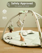Fortella Baby Play Gym & Activity Mat, Tummy Time Mat w 5 Detachable Toys and Pillow, Large Sensory Playmat for Floor, Newborn Infant Baby Essentials Shower Gift 0-3-6-9-12 Months (Sage Green)