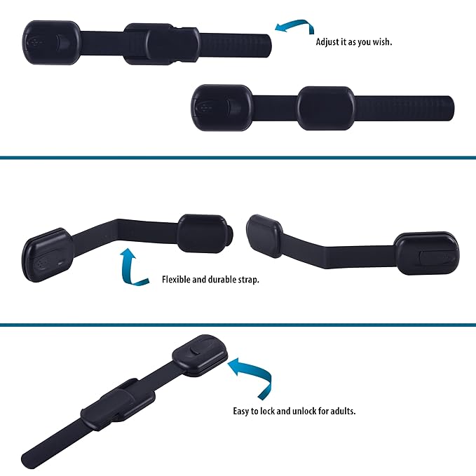 Child Safety Cabinet Locks (8 Pack) – Adjustable Baby Proofing Strap Latches with Strong 3M Adhesive – No Drill Childproof Locks for Drawers, Cabinets, Fridge, Door, Closet, Black