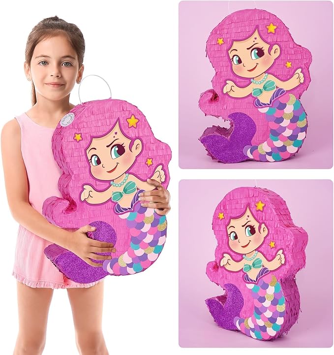 WERNNSAI Mermaid Piñata-Mermaid Party Piñata with Bat and Blindfold for Girls, Kids Birthday Party Games Anniversary Celebration Classroom Activities Mermaid Themed Party Decorations (15.7’’ x 12.2’’)
