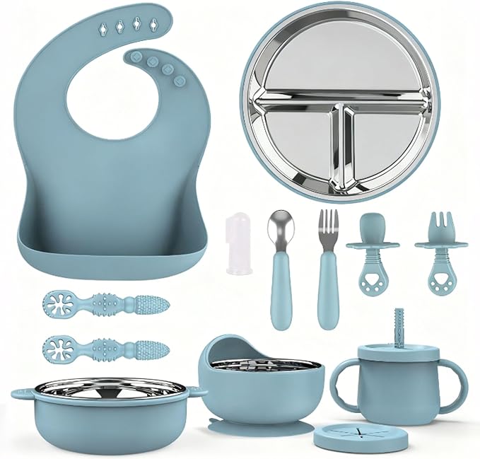 13 Pack Silicone Baby Feeding Set, BPA-Free Toddler Feeding Supplies, Include Suction Plates, Baby Bowls, Silicone Fork & Spoon, and More, First Stage Baby Dish Set - 6+ Months