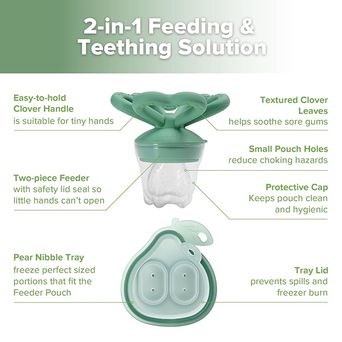 Haakaa Clover Baby Fruit Feeder Teether & Mini Freezer Nibble Tray – BPA-Free Silicone Breastmilk Popsicle Mold for Baby Teething Relief & Self-Feeding, 4M+ (Pea Green)