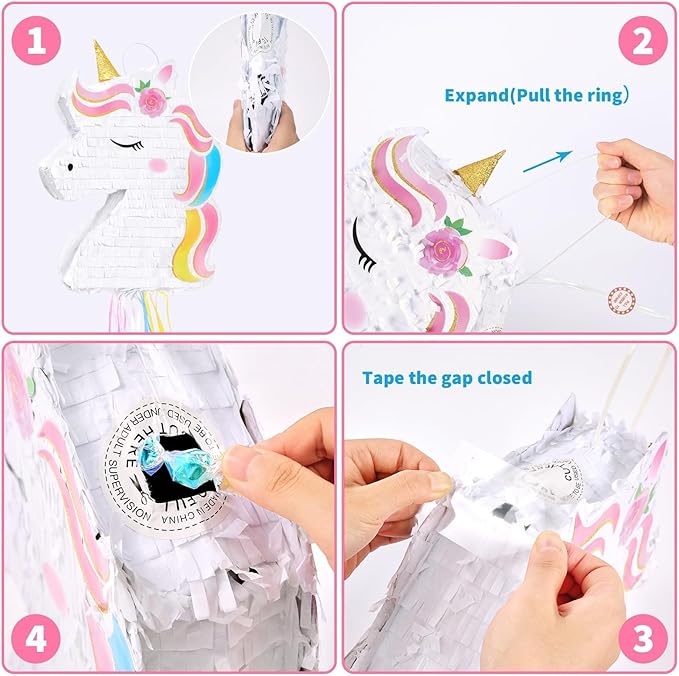 WERNNSAI Foldable Unicorn Piñata - Pull String Unicorn Birthday Party Supplies Extendable Unicorn with Blindfold Bat and Tassels Unicorn Birthday Party Decoration Games Folding Piñatas for Kids
