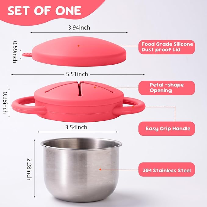 1 Pack Snack Containers for Toddlers, Stainless Steel Toddler Snack Cups with Silicone Food Catcher & Lids,Snack Cups for toddlers Spill Proof