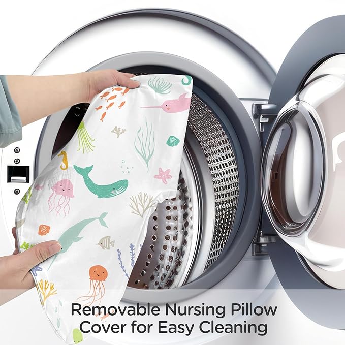 Little Grape Land Nursing Pillow for Infants, Breastfeeding Pillows, Baby Support Pillow for Nursing, Bottle Feeding, Tummy Time with Machine Washable Cover & Breathable Filling, Ocean Word