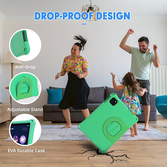 Kids Tablet, 10.1 Inch Android 15 Tablet for Kids, 12GB+64GB, Octa-Core, 6000mAh Battery, WiFi 6, Pre-Installed Kids Apps, Parental Control, ABCmouse for 30-Days Free, with EVA Protective Case (Green)