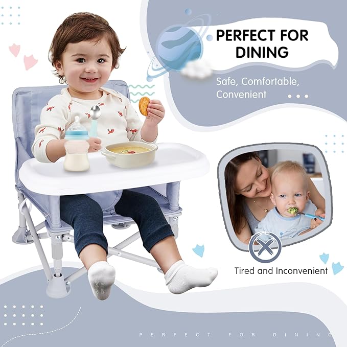 Portable Baby Booster Seat with Tray, Toddler Booster seat for Dining, Camping, Travel, Baby Beach Chair 6 Months to 3 Years Old Indoor Outdoor Use Grey