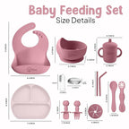 o'doe 11-Piece BPA-Free Silicone Baby Feeding Set | Thick & Soft Suction Plates, Baby Bowls, Wooden Fork & Spoon, and More | Make Mealtime Fun and Easy for Your Little One (Rose, V1)