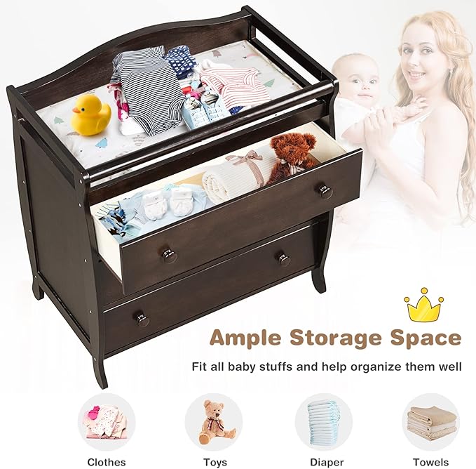 Costzon 3-Drawer Changing Table, Infant Diaper Changing Station with Drawers, Safety Rails & Strap, Baby Changing Table Dresser for Nursery, Easy Assembly (Brown)